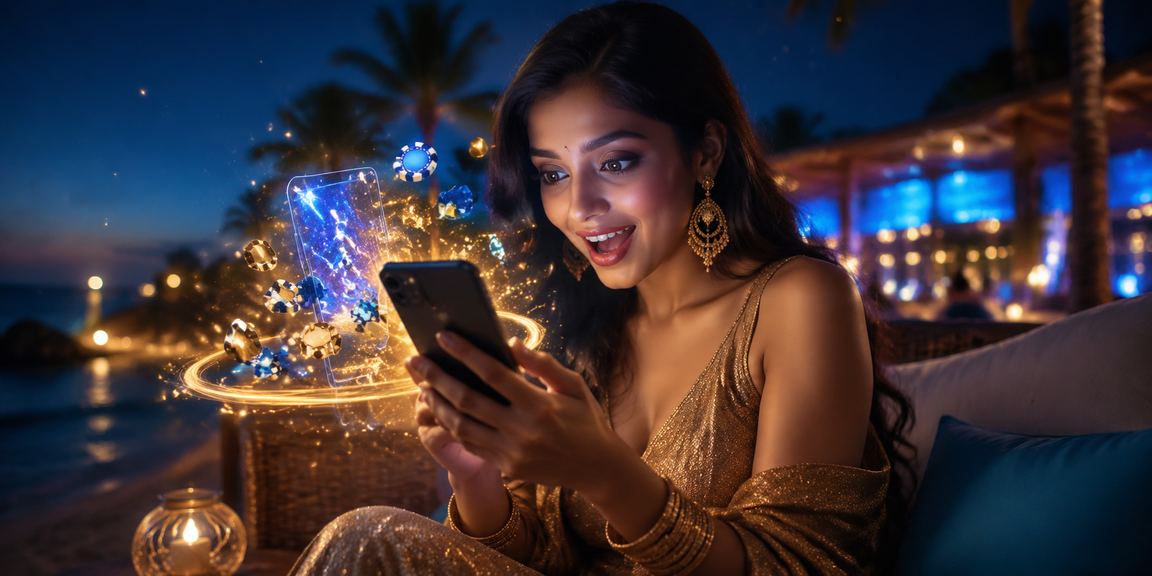 User enjoying gaming on mobile device in blue and gold theme
