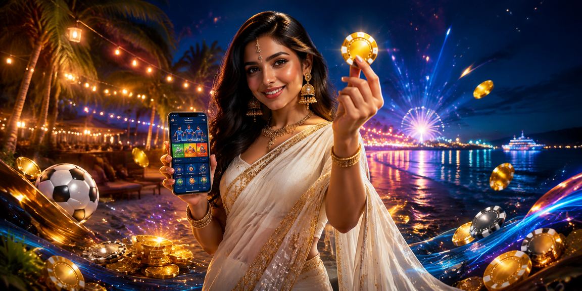 Indian woman enjoying sports betting on smartphone in traditional attire